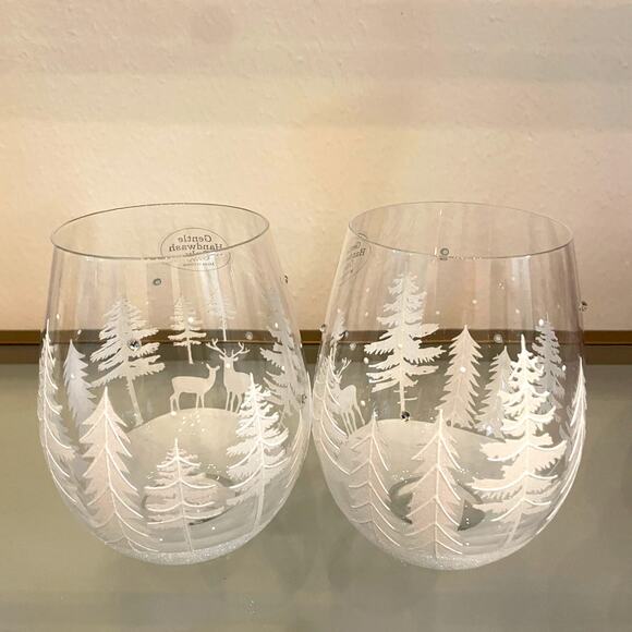 Set of 2 Stemless Wine Glasses Hand Painted White Christmas Trees Snow New - Picture 5 of 12
